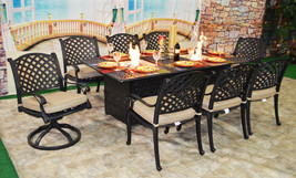 Luxury propane fire pit rectangle outdoor dining set 9 piece cast alumin... - £3,378.57 GBP