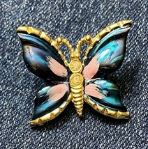 Vintage Butterfly Pin Gold Tone Hand Painted Enamel Blue &amp; Pink Great Cond. - £8.10 GBP