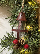Red Lantern Christmas Ornament w/Pinecones Berries Evergreen New - $4.00