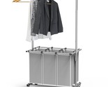 Simplehouseware 3 Bag Laundry Sorter Rolling Cart W/Garment Rack Hanging... - £71.96 GBP