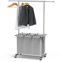 Simplehouseware 3 Bag Laundry Sorter Rolling Cart W/Garment Rack Hanging... - £71.84 GBP