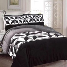 Geometric Black Color Blanket With Sherpa Softy Thick &amp; Warm 3 Pcs King - £54.52 GBP