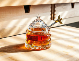 Beehive Honey Pot with Bee Handle Honey Dauber Set Glass Stainless Steel Brass image 1