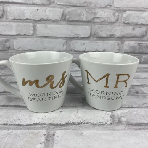 Mud Pie Mr Morning Handsome Mrs Morning Beautiful Coffee Tea Mug Set Wedding - $28.44