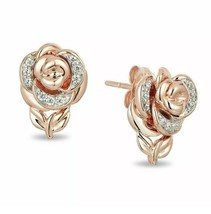 14k White Gold Plated 0.10Ct Round  Diamond Push Back Rose Flower Stud Earrings - £94.80 GBP