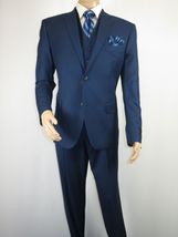 Mens Vitali Three Piece Suit Vested Sheen Sharkskin Business M3090 Ink blue image 4