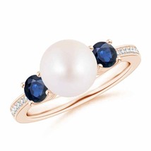 ANGARA Japanese Akoya Pearl &amp; Blue Sapphire Engagement Ring in 14K Gold - £907.35 GBP