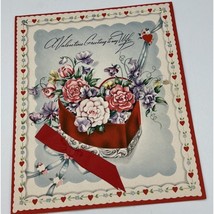 Large Vtg 1940s Valentine&#39;s Day Wife Greeting Card Used 8.5&quot; Heart Ribbon Roses - $7.69