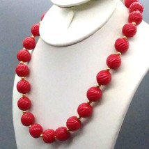 Cherry Red Lucite Textured Bead Necklace, Retro Bright Beaded Strand - £20.11 GBP