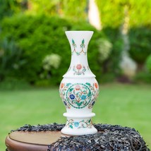 12&quot; White Marble Flower Inlaid Fine Inlay Flowers Garden Pot - £1,768.45 GBP