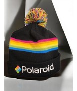 Polaroid Retro Beanie Black Acrylic Rainbow Pom Pom Logo Hat Unisex - $23.97