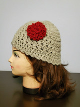 Hand Knit Green with Burgundy Flower Scull Beanie Cap (NWOT) - £7.88 GBP