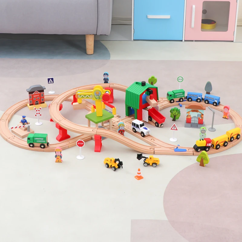 Magnetic Train Toy Car Wooden Rail Car Package Double Tower Track Set Children - £144.11 GBP