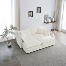 White Chenille Sectional Sofa &amp; Ottoman Set - £593.47 GBP
