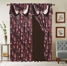 Liya Flowers Brown Curtains Windows Panels With Attached Valance 2 Pcs Set - $44.54