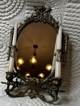 19th Century Louis XVI Style Brass Mirror Double Candle Wall Sconce Antique - $217.64