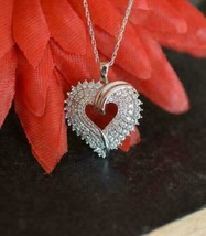 1.00 Ct Diamond Cluster Heart Love Pendant 14K White Gold GP 18&quot; Valentine Day - £66.84 GBP
