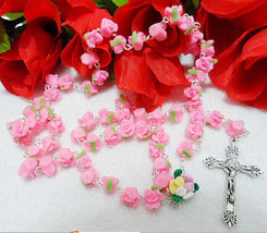 Catholic ROSARY- Light PINK Rose Flower soft ceramic bead with a Crucifi... - $18.66