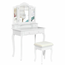 White Vanity Makeup Dressing Table Set W/Stool 4 Drawer&amp;Mirror Jewelry Wood Desk - £208.62 GBP