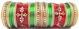 Indian Style Kundan Chura Bridal RedGreen Gold Wedding Dulhan Bangle Set Size2.6 - £23.08 GBP