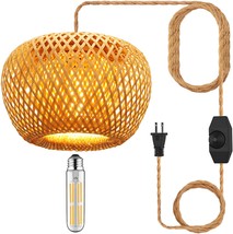 Plug In Pendant Light Fixture With Hand Woven Bamboo Lamp Shade Dimmer Switch - £40.01 GBP