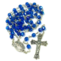 Royal Blue AB Rosary Beads Silver Tone Chain Catholic Cross Necklace - $14.00