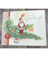Vintage Folded Christmas Holiday Card “Greetings” Santa W Ornaments - $3.99