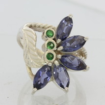 Blue Iolite Green Tsavorite Garnet Handmade Sterling Silver Ladies Ring size 7.5 - £116.09 GBP