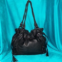 Elliott Lucca El Signature Black Cowhide Leather Drawstring Tassel Hobo ... - $159.99