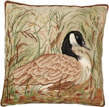 Throw Pillow Needlepoint Canada Goose 18x18 Beige Back Cotton Velvet Wool Down - £242.77 GBP