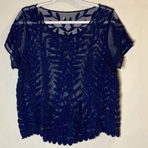 stunning top blouse L embroidered lace Navy mesh so unique very sexy fre... - $15.84
