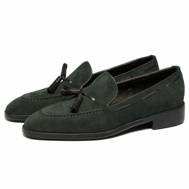 Men's Green Tassel Loafer Slip On Genuine Suede Leather Black Sole Shoes US 7-16
