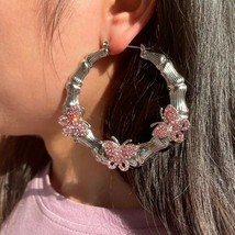 Pink Silver Rhinestone Crystal Butterfly Bamboo Fashion Jewelry Hoop Earrings - £18.00 GBP