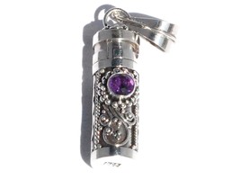 Sterling Silver Cylinder Prayer Box Pendant with Amethyst - £32.28 GBP