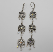 N A Clear Rhinestone &amp; Bead Silver Tone Floral Dangle Earrings - £11.56 GBP