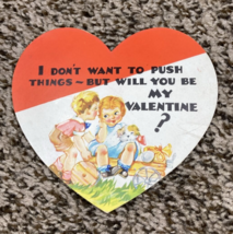 Vintage Valentines Day Card Boy Girl Dog on Cart Don't Want to Push Things - $5.99