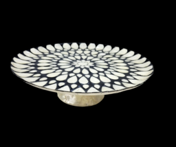 Capiz Shell Pedestal Cake Stand Plate Decorative Flower Inlay Black Ivory 13&quot; - £83.90 GBP