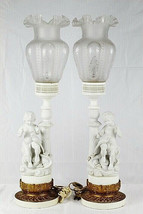 Lot of 2 Parian Ceramic Porcelain Bisque White Sitting Boy w/ Bird Table Lamp - £315.01 GBP