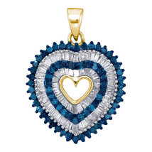 10k Yellow Gold Round Blue Color Enhanced Diamond Heart Outline Pendant 7/8 Ctw - £366.83 GBP