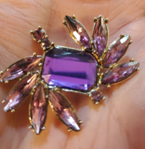 Stunning Pin Brooch Marquis &amp; Emerald Cut Amethyst Purple Stones Swirl Silver - £11.12 GBP