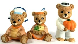 3 Thanksgiving Fall Homco Bears Figures Pilgrims Indian Kids Pumpkin Cor... - £14.39 GBP