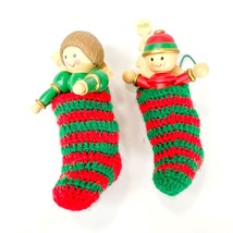 Vintage 1986 Wooden Ornament Set Knit Christmas Stockings Daughter Son Hallmark - £15.94 GBP