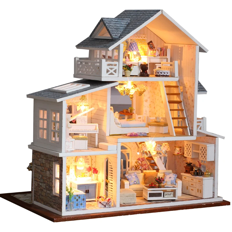 DIY Dollhouse Wooden doll Houses Miniature Doll House Furniture Kit Casa Music - £39.64 GBP+