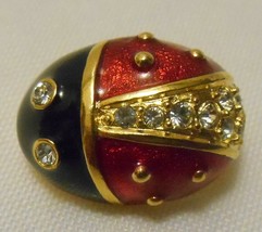 JOAN RIVERS Vintage LADYBUG BROOCH Pin Gold Tone Red Black + Rhinestones - £23.86 GBP