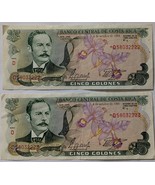 Two Banco Central de Costa Rica Cinco Colones Consecutive 1989 Banknotes - $7.95