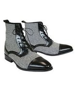 NEW Handmade Men Gray Tweed Black Leather boot, Mens Lace up Cap Toe Ank... - £121.93 GBP