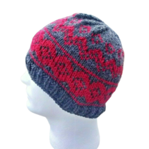 Mens Fair Isle Beanie Handmade Hat Gray Red Skully Knit Wool Nordic S/M ... - £30.81 GBP