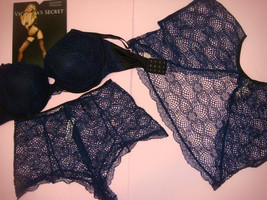 Victoria&#39;s Secret 34DDD Bra Set+S Bolero Top+Shorts Black Blue Navy Fishnet Lace - £94.61 GBP