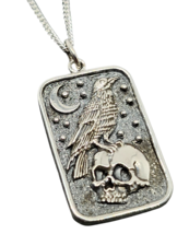 Raven Skull Moon Necklace Pendant 925 Silver 18&quot; Chain Gothic Allan Poe Norse Uk - £38.11 GBP