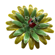 Vintage Brooch metal Enamel Green flower ladybug Rhinestone Retro Hippy 3-D - £15.56 GBP